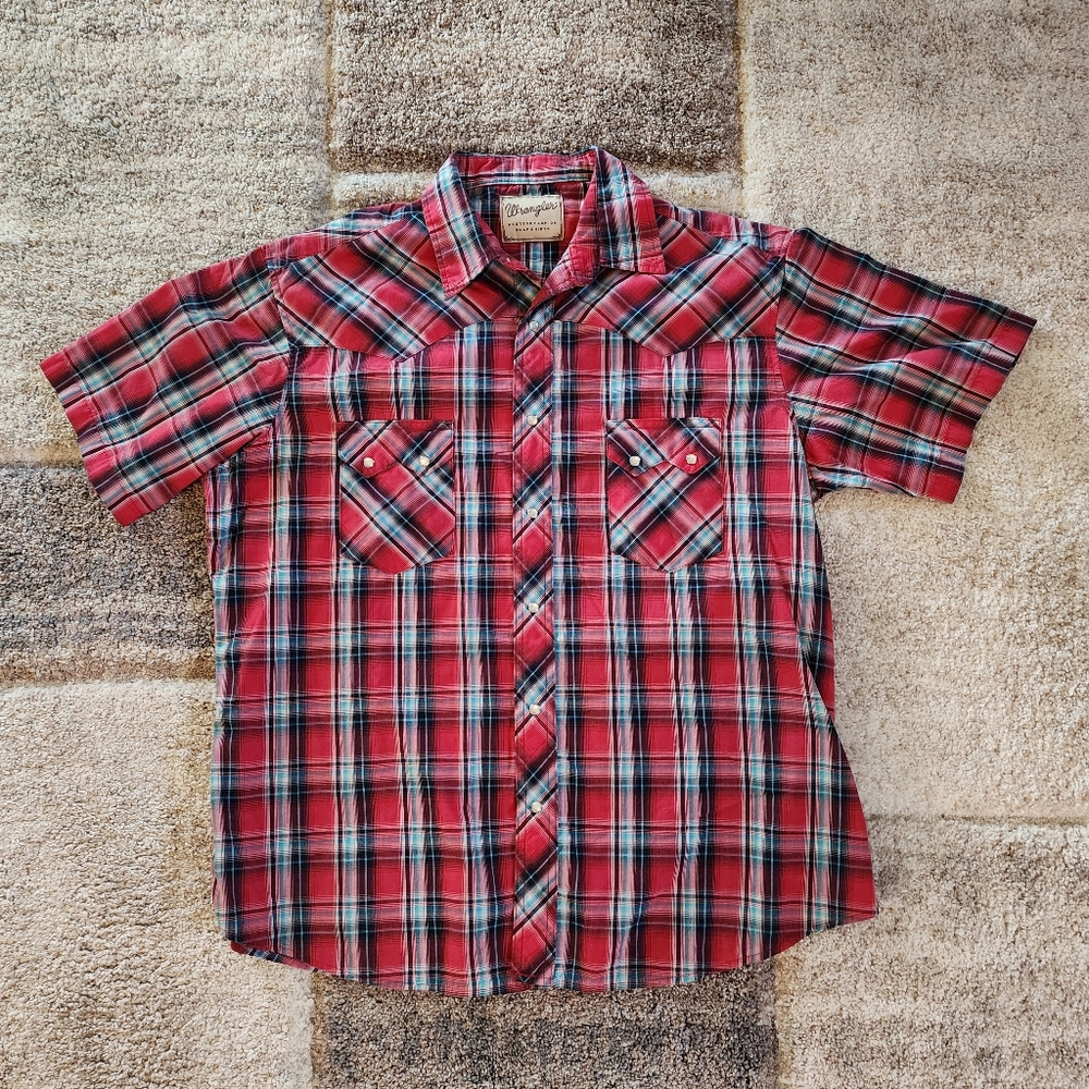 Wrangler Western Pearl Snap Shirt Red Plaid Short Sleeve Size Large Button Front